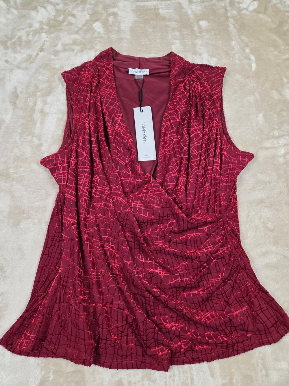 Calvin Klein NWT Red Abstract Geometric Print Sleeveless Wrap Blouse